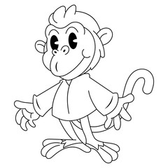 Little monkey cartoon characters wearing a shirt and greetings. Best for outline, logo, and coloring book with animal themes for kids