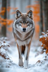 Fototapeta premium Majestic Timberwolf walking with dramatic lighting, highlighting its powerful aura. Whole body shot from the front view