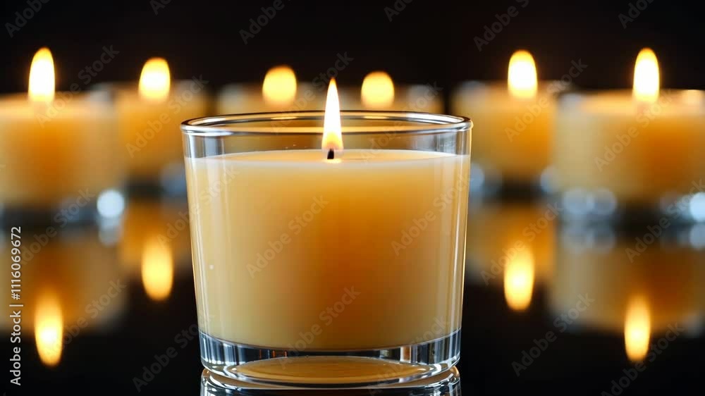 Poster candle glowing softly in a dark setting with multiple candles in the background