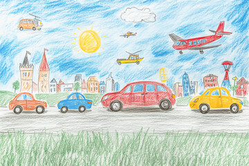 Colorful child's drawing of diverse transportation modes in a vibrant cityscape