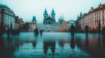 Obraz premium Enchanting Old Town Square in Prague During Misty Rainy Day