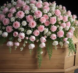 Floral arrangement of pink and white flowers in a coffin , arrangement, somber