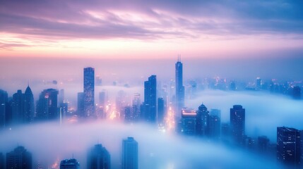 Fototapeta premium Ethereal Cityscape: Skyscrapers Emerging from Misty Twilight