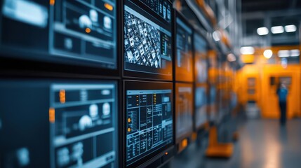 Factory entrance with closedcircuit cameras monitoring employee checkins, live security feeds displayed on nearby monitors, early morning light