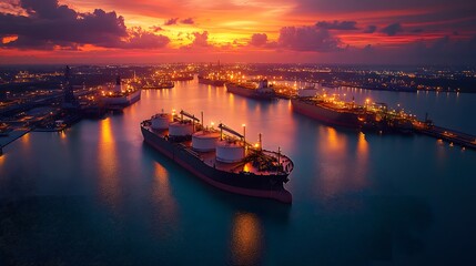 Cargo ships at oil port under night sky aerial view of vibrant industry and tranquil waters