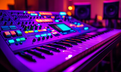 A photo of an advanced music production console with colorful LED lights, in a dimly lit recording studio setting