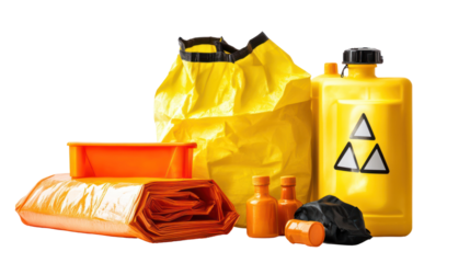 A collection of yellow and orange items, including containers and bags, likely used for hazardous waste disposal.