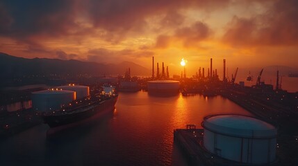 Cargo ship in port at night with oil loading operations under a scenic sunset sky