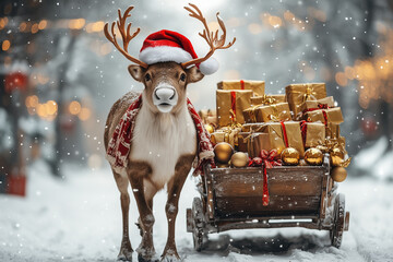 A reindeer wearing a festive Santa hat, playfully standing next to a sleigh filled with gift boxes and golden ornaments.