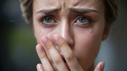 A close-up of a woman with tears, expressing deep emotion and concern.