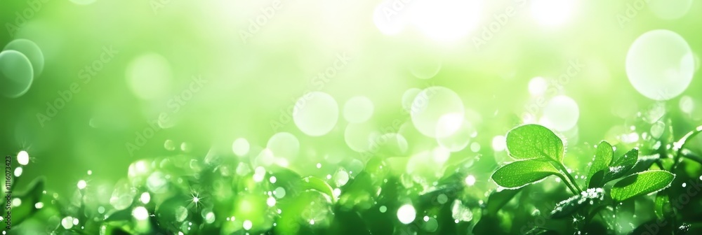 Poster vibrant abstract green nature background with spring bokeh effects highlighting fresh leaves and dew