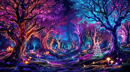 Fototapeta premium Vibrant enchanted forest with glowing trees and colorful mushrooms creating a mystical atmosphere at night.
