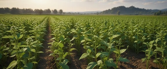 Mix of weed and soybean plants in a cultivated field, farm, green, early spring
