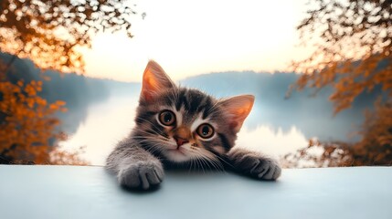 Obraz premium Adorable Kitten Peeking Over Edge with Autumn Forest Background