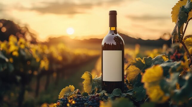 Wine Bottle Mockup with Blank Label in Vineyard at Sunset - Serene Nature Landscape