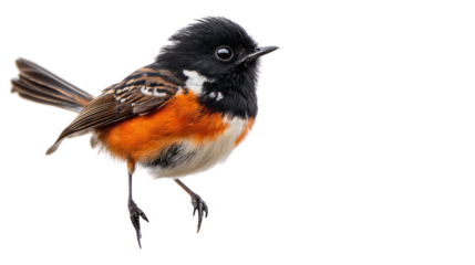 A colorful bird with a black head and orange underparts, perched and poised, showcasing its vibrant plumage.