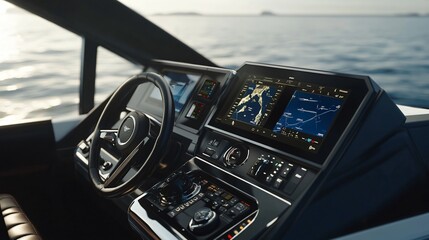 A modern yacht's control panel featuring advanced navigation and monitoring systems.