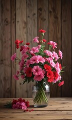 Pink and red flowers in a vase on a wooden table background, red flowers, decorative centerpiece