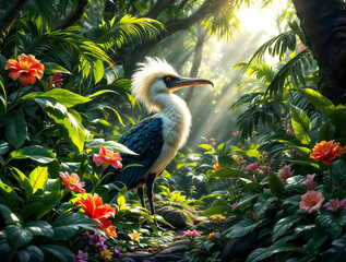 Obraz premium Majestic Bird in Tropical Paradise: A Vibrant Digital Painting of an Exotic Avian Species Amidst Lush Greenery and Sunlit Flowers