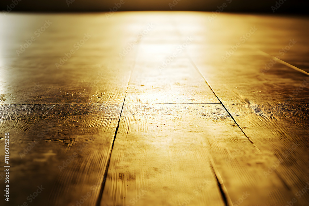 Poster Golden hour illuminates rustic wooden floorboards, creating a warm and inviting background. Perfect for product displays or adding texture to your design projects.