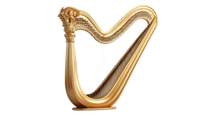 Golden harp standing on transparent background representing classical music