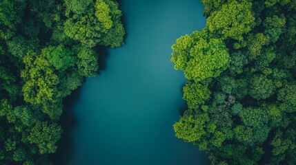 Naklejka premium Aerial view of a river flowing through lush green forest.