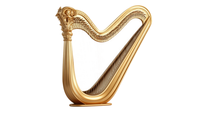 Golden harp standing on transparent background representing classical music