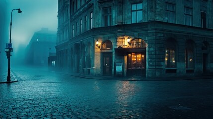 Foggy street corner with a dimly lit building.