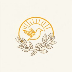 Obraz premium Here's a description and keywords for your image.. Sun, bird, and leaves line art logo.