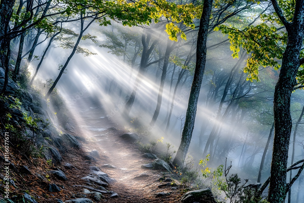 Aufkleber a misty forest path illuminated by soft rays of sunlight through the trees.