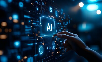 Fototapeta premium Hand Holding AI Hologram with Digital Interface Elements Artificial Intelligence and Technology