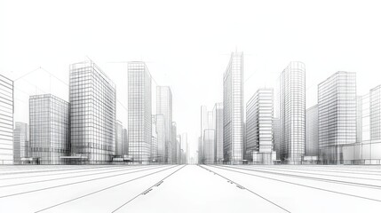 A cityscape with tall buildings and a long road