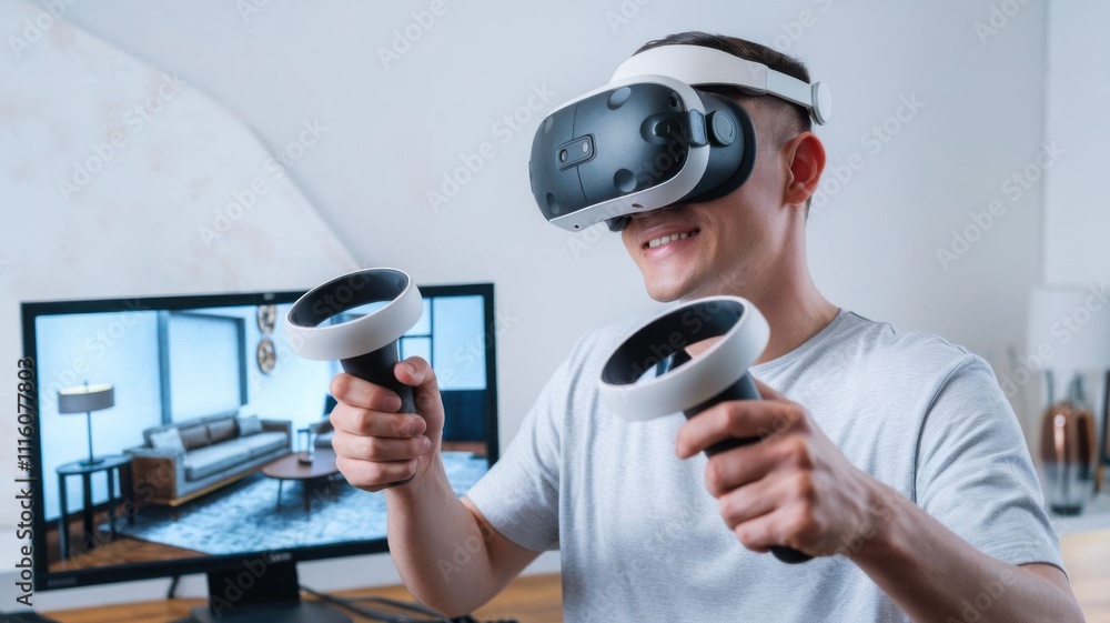 Poster a person using a virtual reality headset and controllers, engaged in a gaming experience.