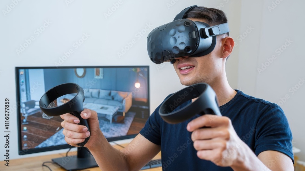 Poster a person using a virtual reality headset and controllers in a modern indoor setting.