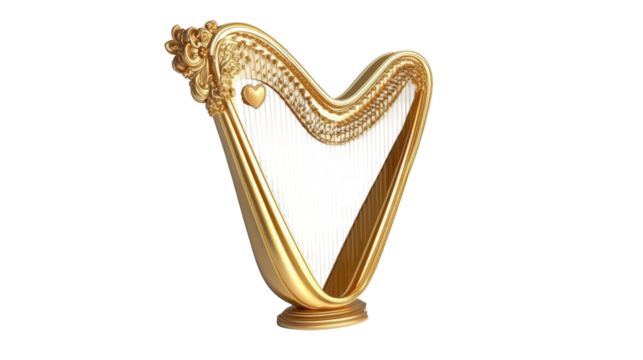 Golden harp standing on transparent background with ornate floral decoration - Powered by Adobe