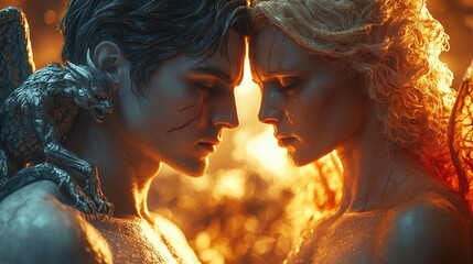 man stands thoughtful expression devil and angel whispering his ears. Dramatic lighting illuminates scene impending apocalypse background.