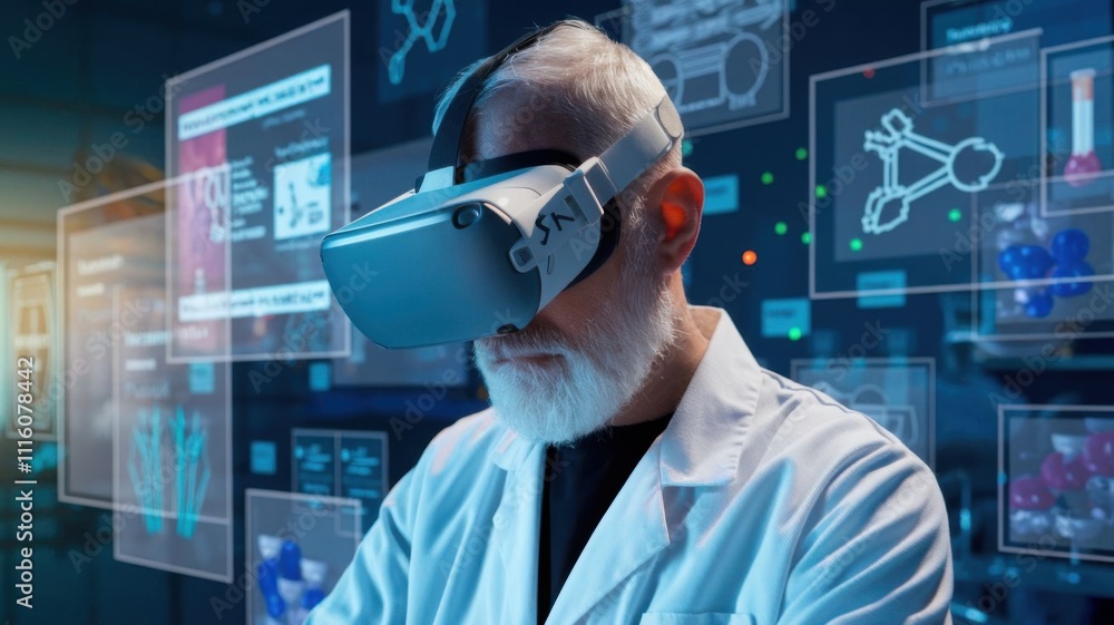 Poster a scientist using virtual reality to explore data and simulations in a high-tech environment.