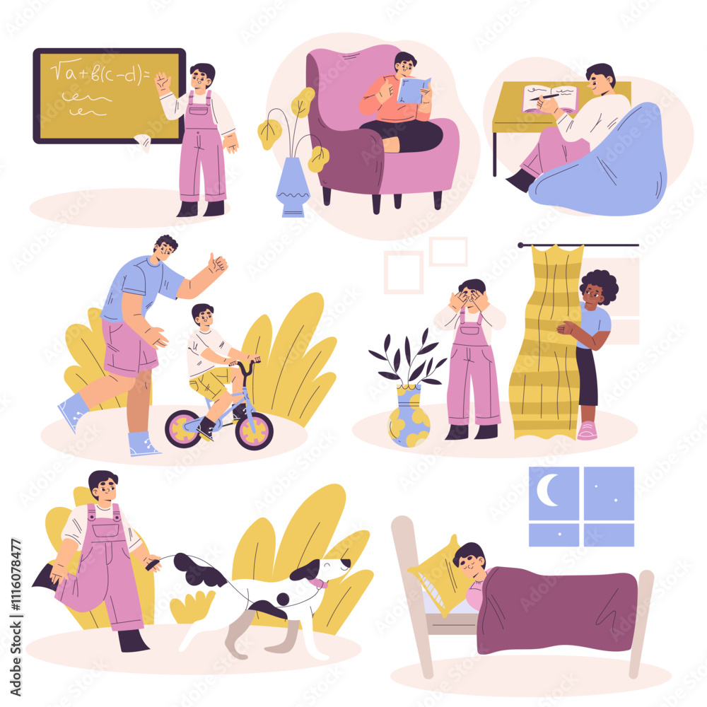 Poster boy character have schedule and daily routine activity vector set