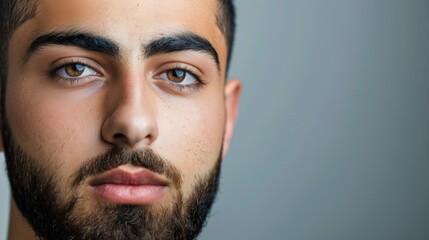 Obraz premium A close-up portrait of a young man with a beard and expressive eyes.