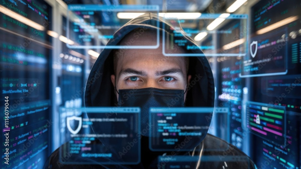 Poster a masked figure in a hoodie stands before digital screens displaying code and data.