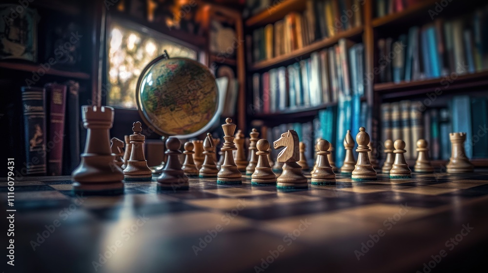 Poster chessboard game setup with globe in a library.