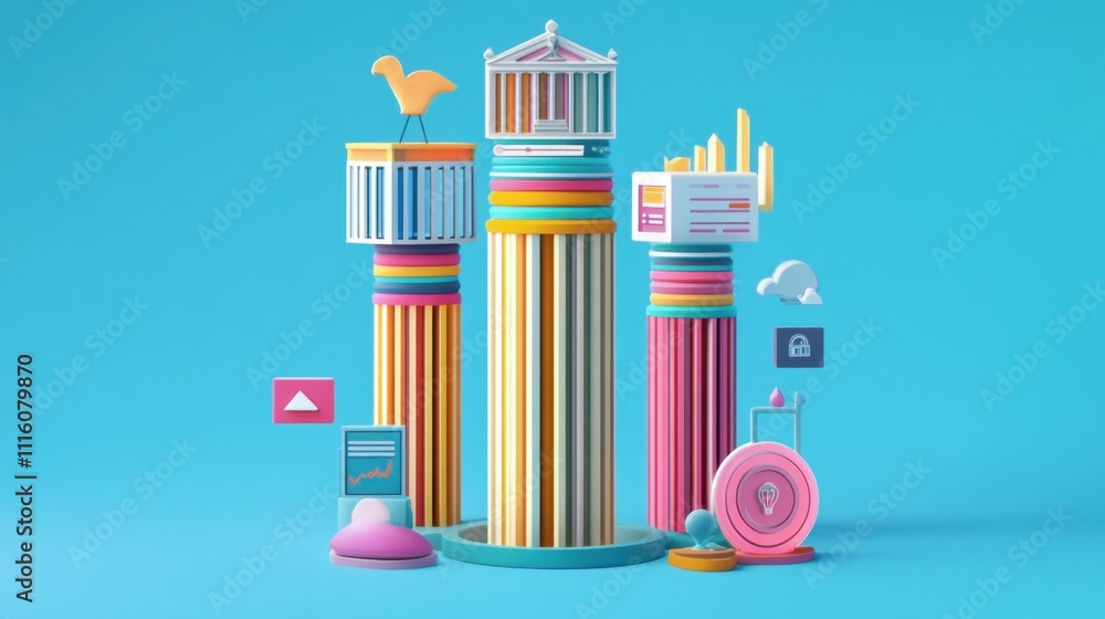 Poster abstract 3d colorful pillars representing data, innovation and knowledge with a bird on top, modern 