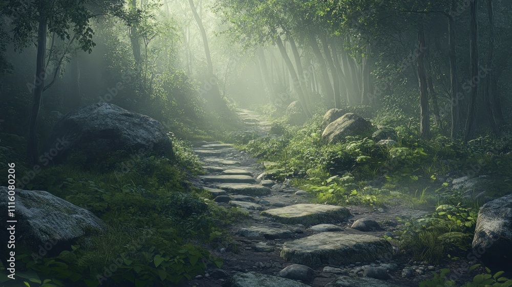 Poster mystical forest path with stone steps leading into sunlight.