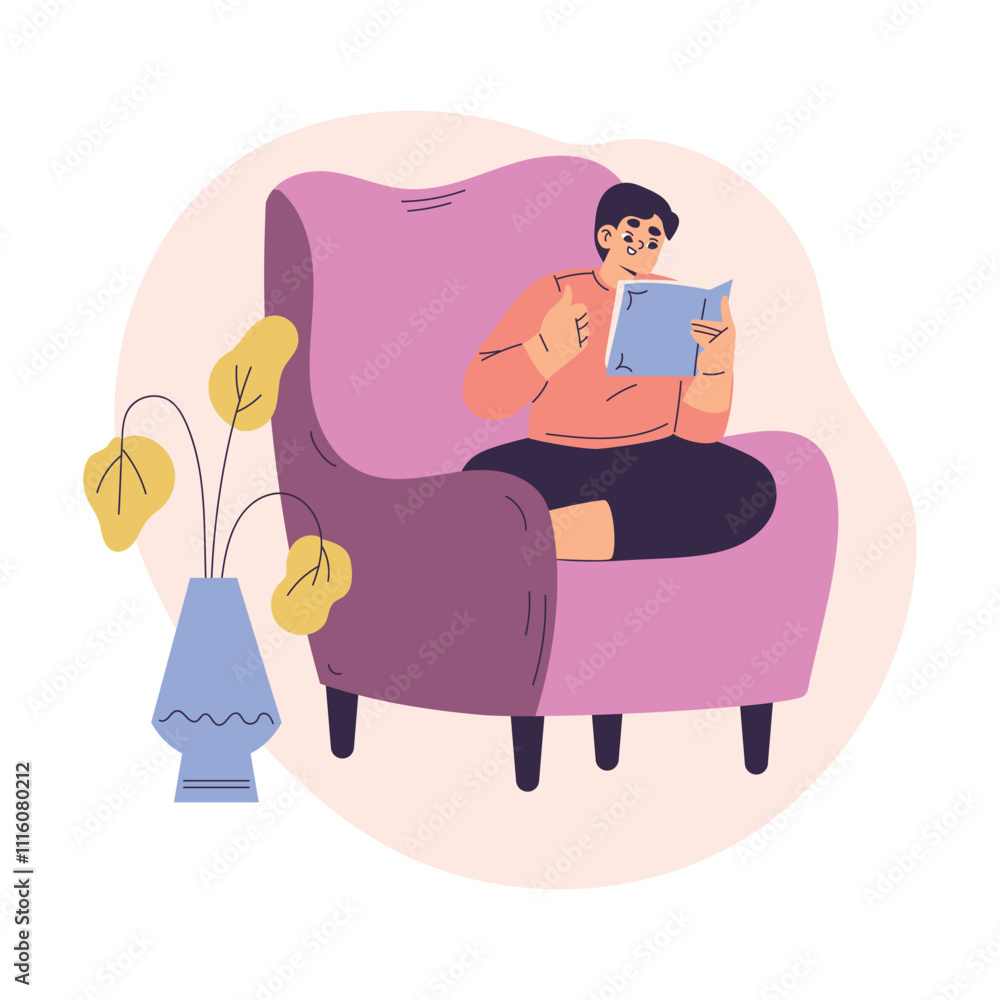 Poster boy character sitting in armchair reading book have schedule and daily routine activity vector illus