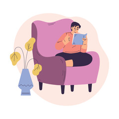 Boy Character Sitting in Armchair Reading Book Have Schedule and Daily Routine Activity Vector Illustration