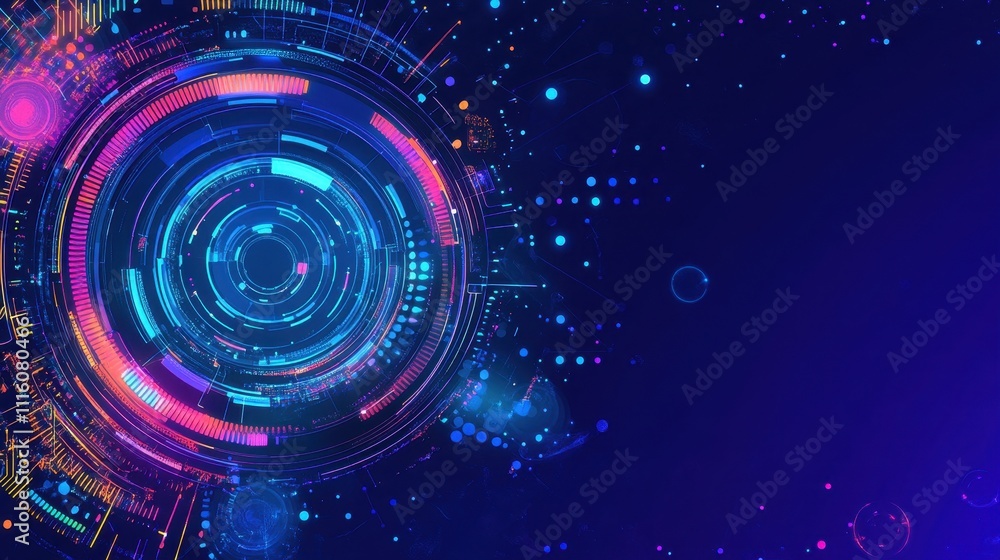 Poster futuristic technological landscape with glowing circular patterns and shimmering particles
