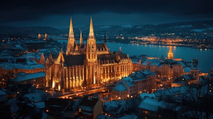 Obraz premium Illuminated cathedral in snowy city at night.