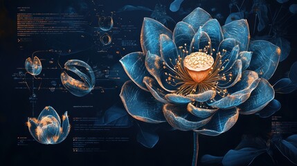 A detailed illustration of a lotus flower with scientific annotations.