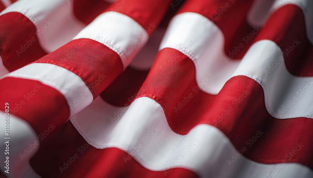 Poster a close-up of a fabric displaying alternating red and white stripes, showcasing a textured and flowi
