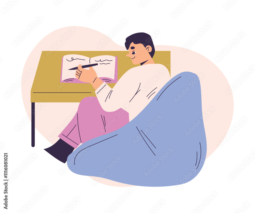 Poster boy character doing homework sitting have schedule and daily routine activity vector illustration